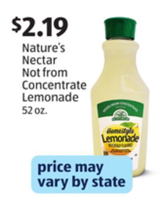 Aldi Nature's nectar not from concentrate lemonade offer