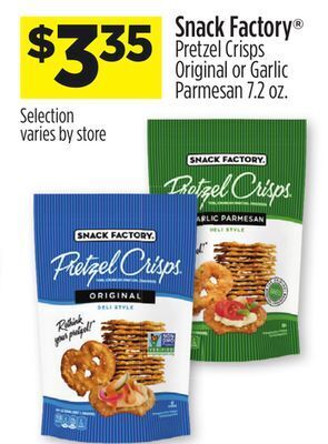 Dollar General Snack factory® pretzel crisps original or garlic parmesan offer