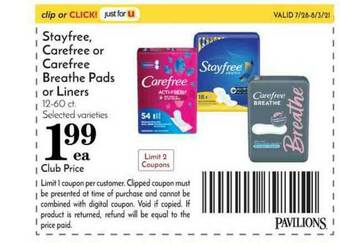 Pavilions Stayfree, Carefree Or Carefree Breathe Pads Of Liners offer