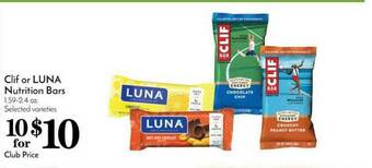 Pavilions Clif Or Luna Nutrition Bars offer