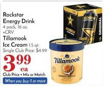 Pavilions Rockstar Energy Drink, Tillamook Ice Cream offer