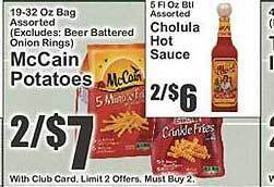 Key Food Mccain potatoes, cholula hot sauce offer
