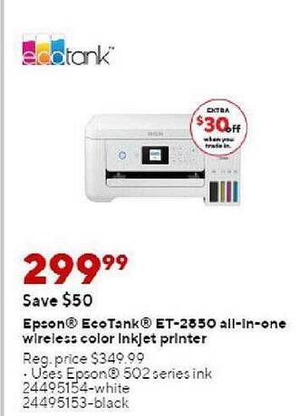 Staples Epson ecotank et-2850 all-in-one wireless color inkjet printer offer