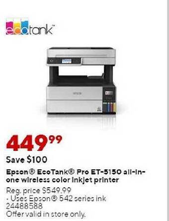 Staples Epson ecotank pro et-5150 all-in-one wireless color inkjet printer offer
