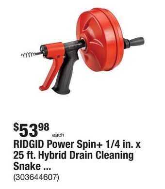 The Home Depot Ridgid power spin+ 1/4 in. x 25 ft. hybrid drain cleaning snake auger (manual or cordless drill operated, tool only) offer