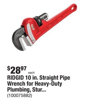 The Home Depot Ridgid 10 in. straight pipe wrench for heavy-duty plumbing, sturdy plumbing pipe tool with self cleaning threads and hook jaw offer