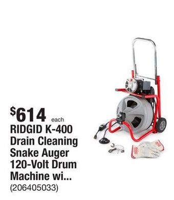 The Home Depot Ridgid k-400 drain cleaning snake auger 120-volt drum machine with c-32iw 3/8 in. x 75 ft. cable + 4-piece tool set & gloves offer