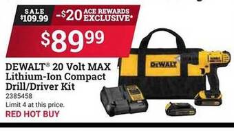 Ace Hardware Dewalt 20 volt max lithium-ion compact drill driver kit offer