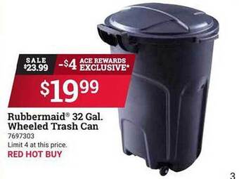 Ace Hardware Rubbermaid 32 gal. wheeled trash can offer