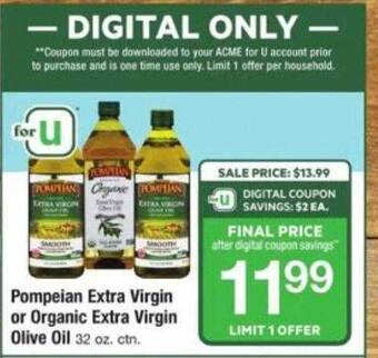 ACME Pompeian extra virgin or organic extra virgin olive oil offer
