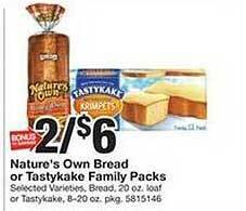 Giant Food Nature's own bread or tastykake family packs offer