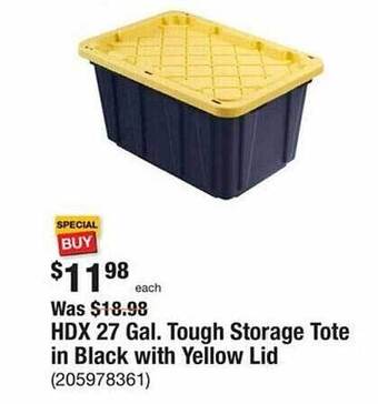 The Home Depot Hdx 27 gal. tough storage tote in black with yellow lid offer
