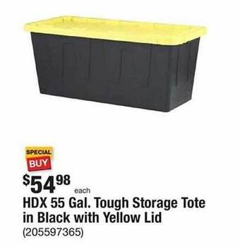 The Home Depot Hdx 55 gal. tough storage tote in black with yellow lid offer