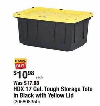 The Home Depot Hdx 17 gal. tough storage tote in black with yellow lid offer