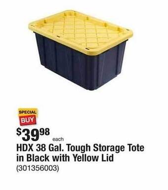 The Home Depot Hdx 38 gal. tough storage tote in black with yellow lid offer
