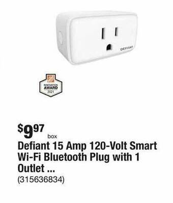 The Home Depot Defiant 15 amp 120-volt smart wi-fi bluetooth plug with 1 outlet offer