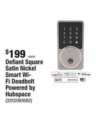 The Home Depot Defiant square satin nickel smart wi-fi deadbolt powered by hubspace offer
