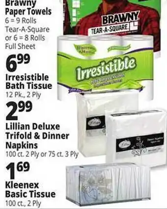 Ocean State Job Lot Brawny paper towels, irrésistible bath tissue, lillian deluxe trifold & dinner napkins, kleenex basic tissue offer