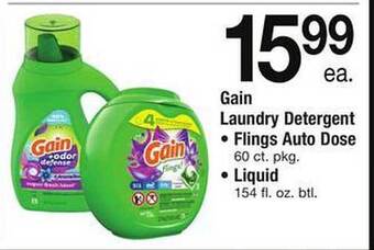 Safeway Gain laundry detergent : flings auto dose, liquid offer