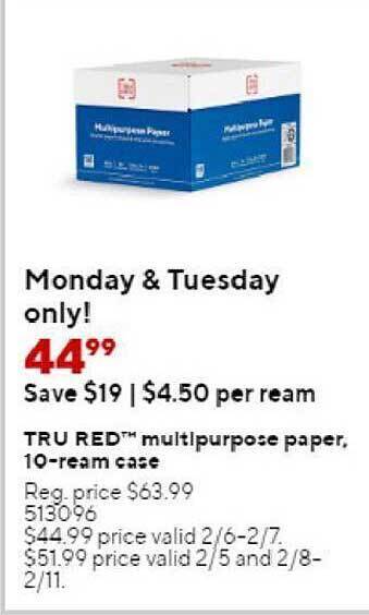 Staples Tru red multipurpose paper 10-ream case offer