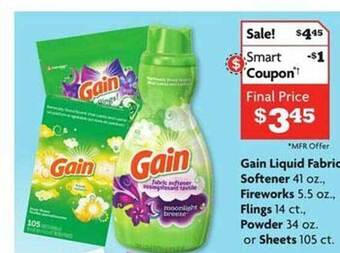 Family Dollar Gain liquid fabric softener, fireworks, flings, powder or sheets offer