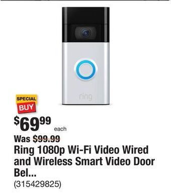 The Home Depot Ring 1080p wi-fi video wired and wireless smart video door bell camera, works with alexa, satin nickel offer