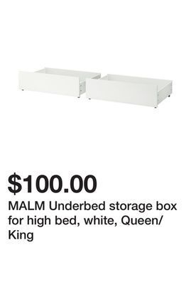 Ikea Malm underbed storage box for high bed, white, queen/king offer