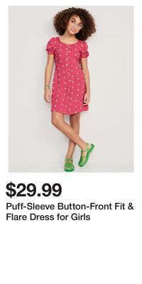 Old Navy Puff-sleeve button-front fit & flare dress for girls offer