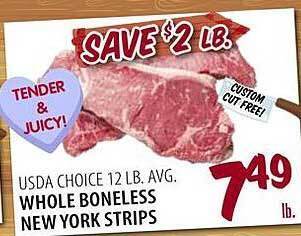 Karns Usda choice whole boneless new york strips offer