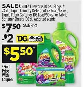 Dollar General Gain fireworks, flings! liquid laundry detergent, liquid fabric softener or fabric softener sheets offer