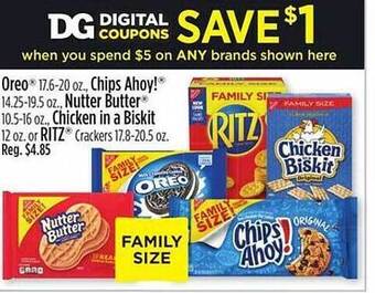 Dollar General Oreo, chips ahoy!, nutter butter, chicken in a biskit or ritz crackers offer