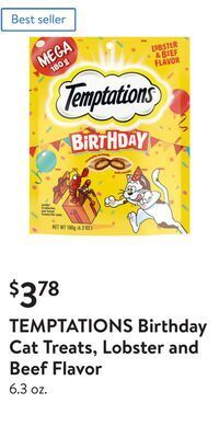 Walmart Temptations birthday cat treats, lobster and beef flavor offer