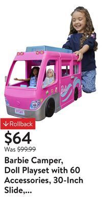 Walmart Barbie camper, doll playset with 60 accessories, 30-inch slide, dream camper offer