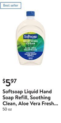 Walmart Softsoap liquid hand soap refill, soothing clean, aloe vera fresh scent offer