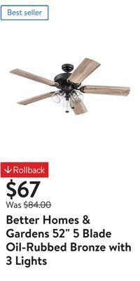 Walmart Better homes & gardens 52" 5 blade oil-rubbed bronze with 3 lights offer