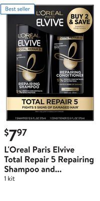 Walmart L'oreal paris elvive total repair 5 repairing shampoo and conditioner set offer