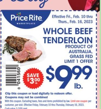 Price Rite Whole beef tenderloin offer