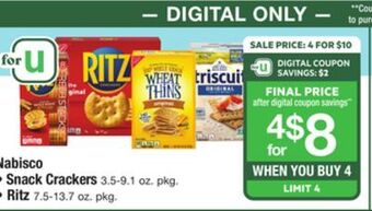 ACME Nabisco snack crackers 3.5-9.1 oz. pkg., ritz 7.5-13.7 oz. pkg. offer