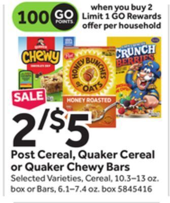 Stop&Shop Post cereal, quaker cereal or quaker chewy bars offer