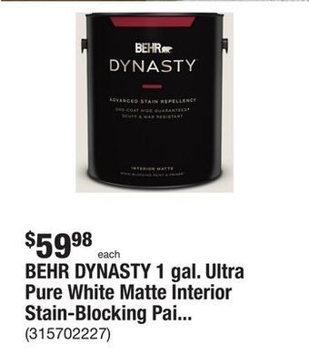 The Home Depot Behr dynasty 1 gal. ultra pure white matte interior stain-blocking paint & primer offer