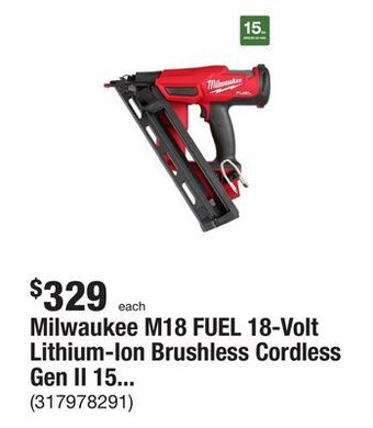 The Home Depot Milwaukee m18 fuel 18-volt lithium-ion brushless cordless gen ii 15-gauge angled finish nailer (tool-only) offer