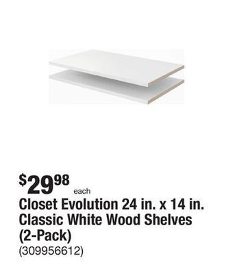 The Home Depot Closet evolution 24 in. x 14 in. classic white wood shelves (2-pack) offer