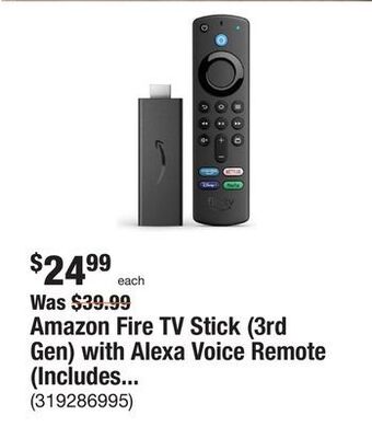 The Home Depot Amazon fire tv stick (3rd gen) with alexa voice remote (includes tv controls) hd streaming device 2021 release in black offer