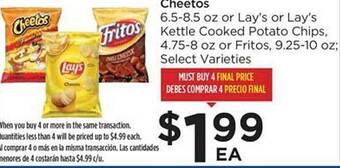 Food 4 Less Cheetos, lay's or lay's kettle cooked potato chips or fritos offer