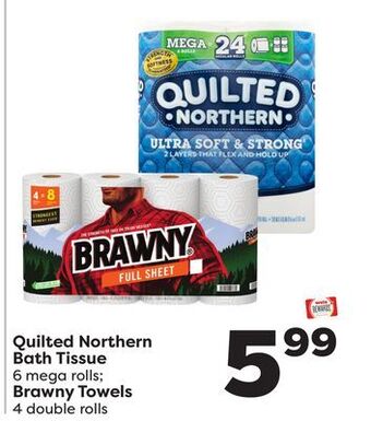 Weis Markets Quilted northern bath tissue 6 mega rolls brawny towels 4 double rolls offer