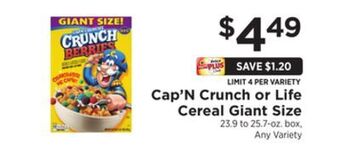 ShopRite Cap'n crunch or life cereal giant size offer