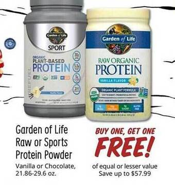 Sprouts Farmers Market Garden of life raw or sports protein powder offer