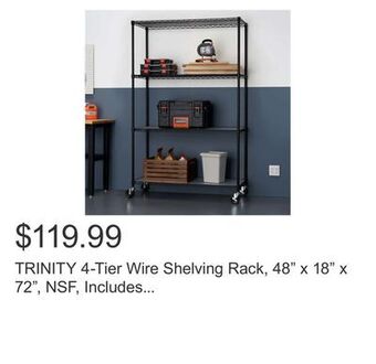 Costco Trinity 4-tier wire shelving rack, 48" x 18" x 72", nsf, includes wheels and liners, black offer
