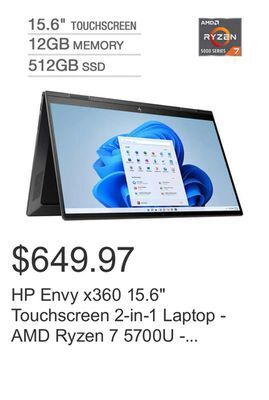 Costco Hp envy x360 15.6" touchscreen 2-in-1 laptop - amd ryzen 7 5700u - 1080p - windows 11 offer