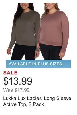 Costco Lukka lux ladies' long sleeve active top, 2 pack offer